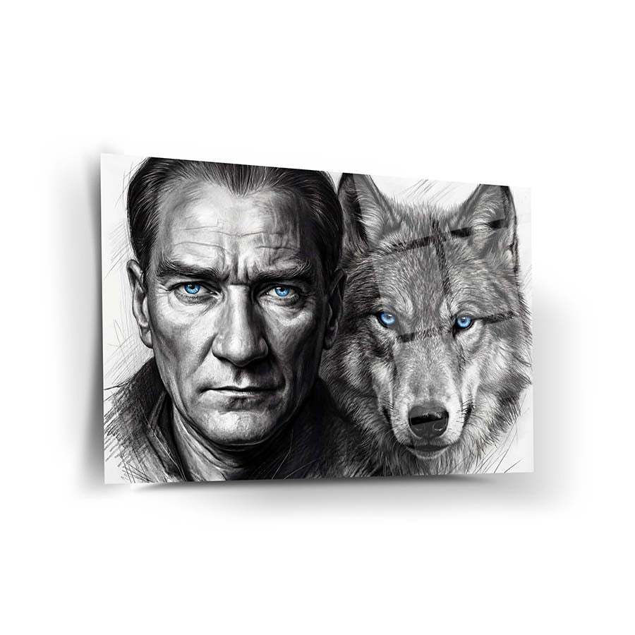 Atatürk ve Bozkurt Karakalem Mavi Göz Cam Tablo | SRD Concept