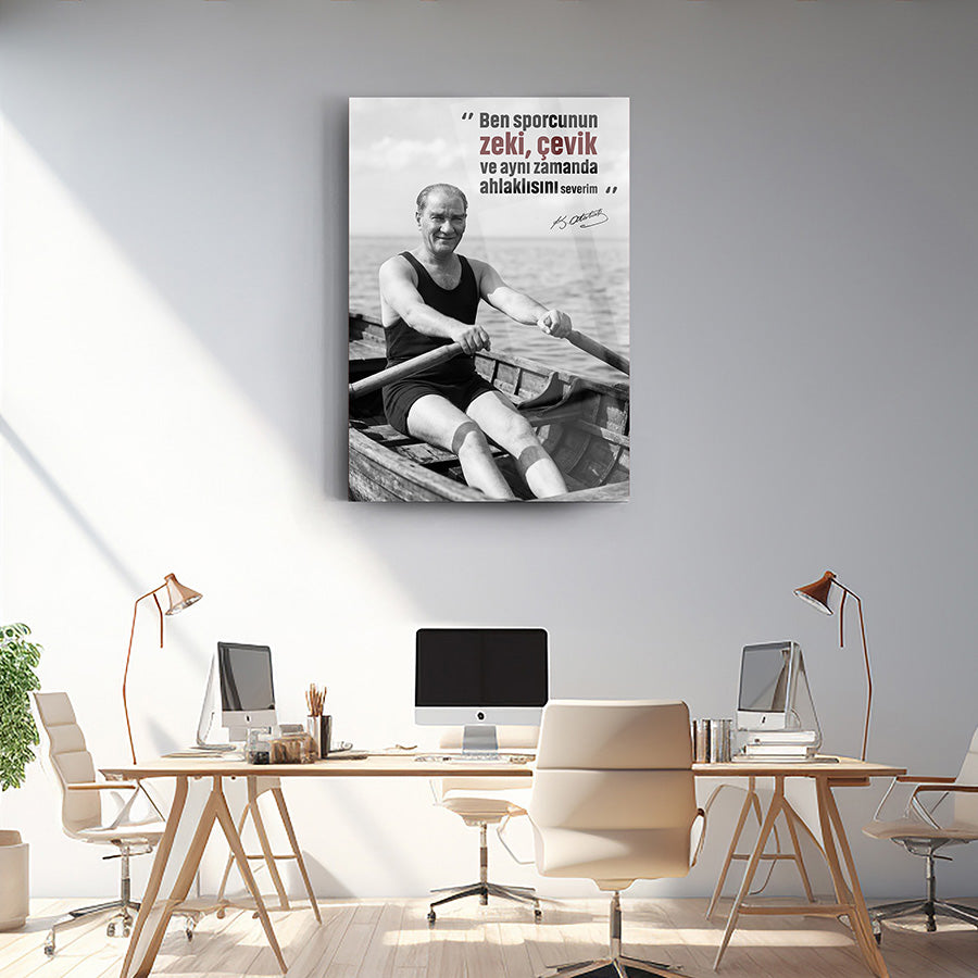 Atatürk Kürek Spor Sözlü Siyah Beyaz Cam Tablo | SRD Concept