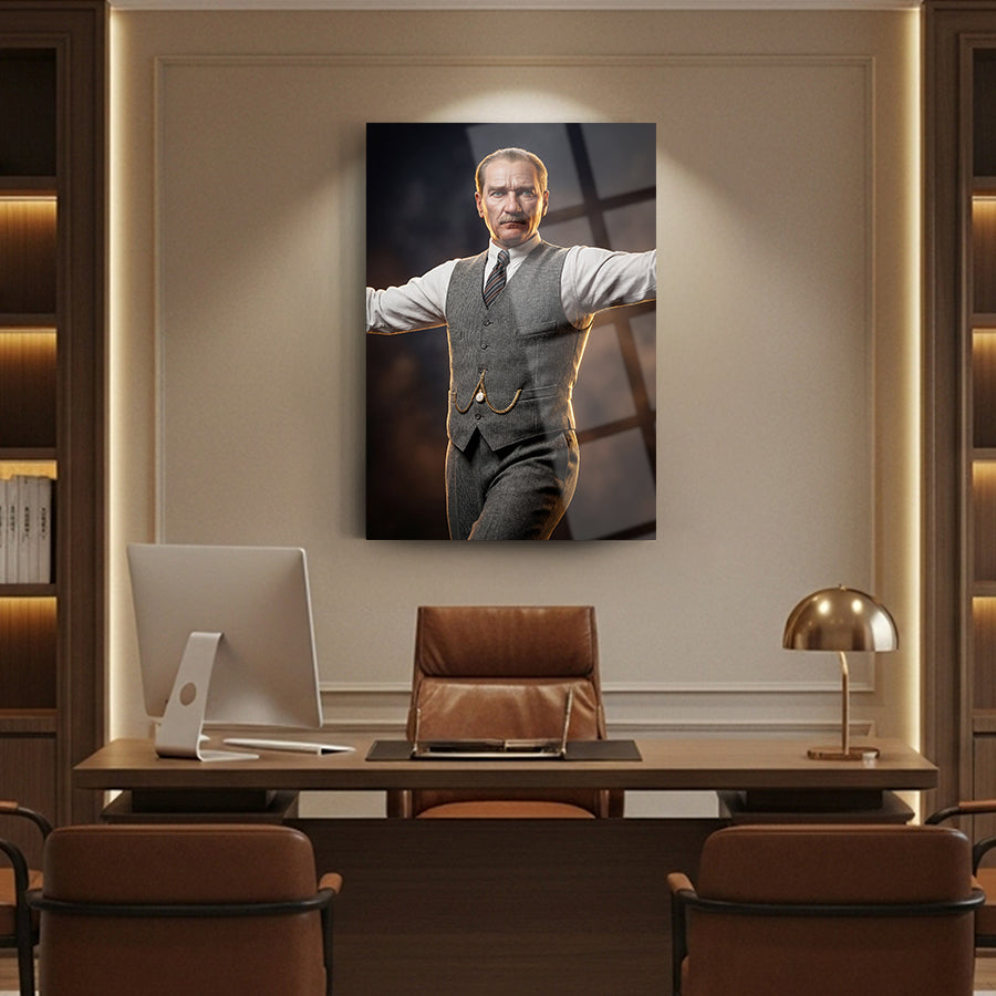 Atatürk Zeybek Duruşu Dramatik Portre Cam Tablo | SRD Concept