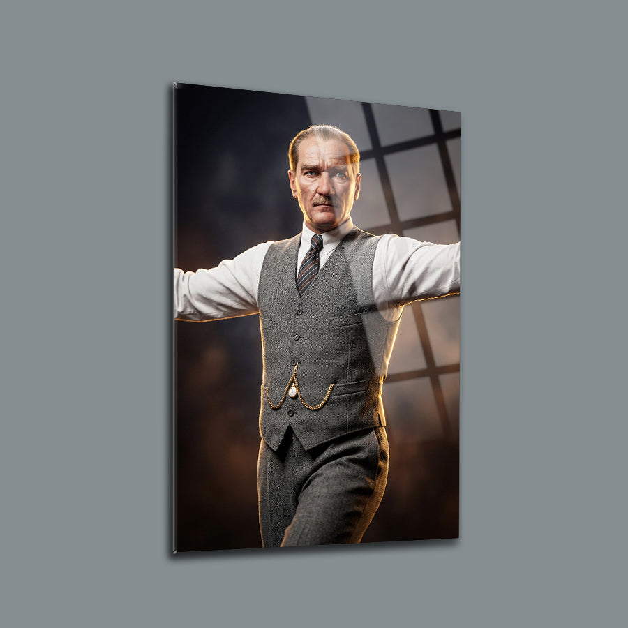 Atatürk Zeybek Duruşu Dramatik Portre Cam Tablo | SRD Concept