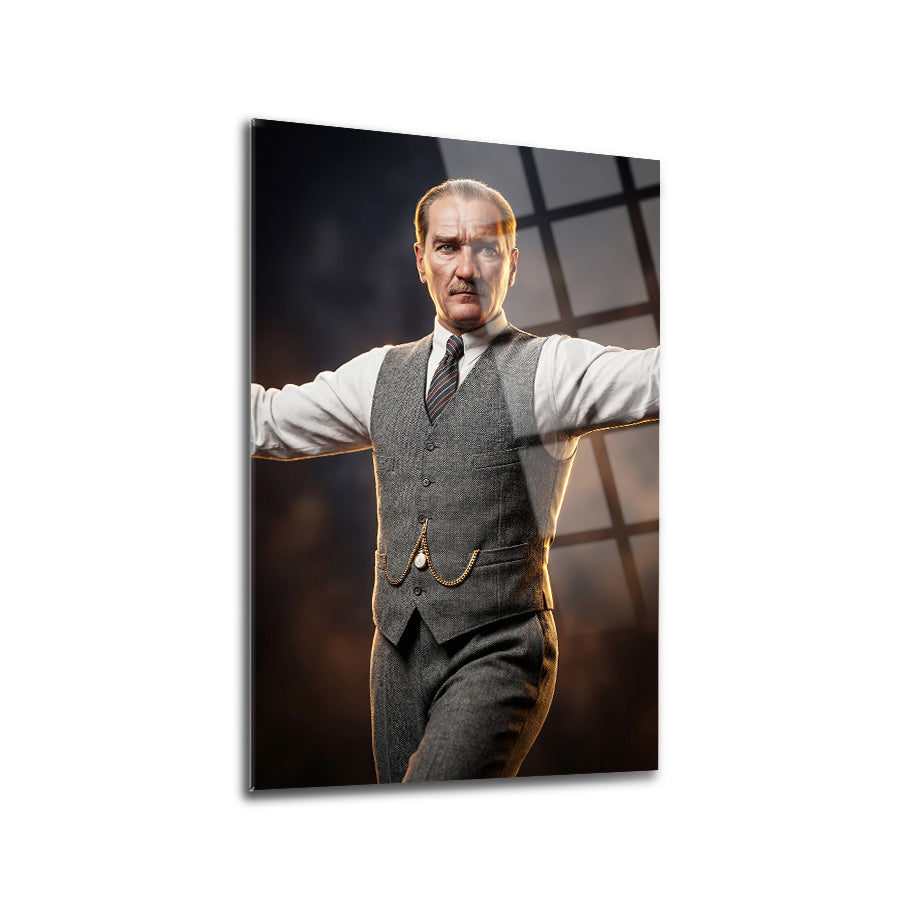 Atatürk Zeybek Duruşu Dramatik Portre Cam Tablo | SRD Concept