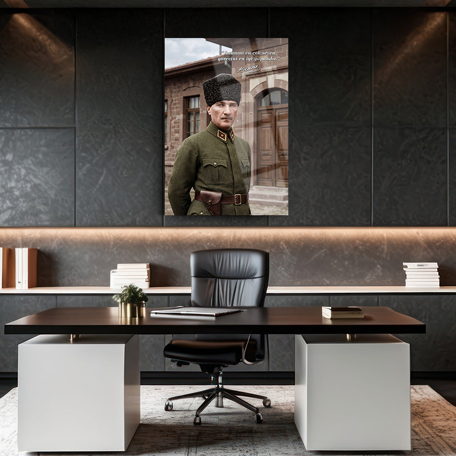 Atatürk Askeri Üniforma Vatan Sözlü Cam Tablo | SRD Concept