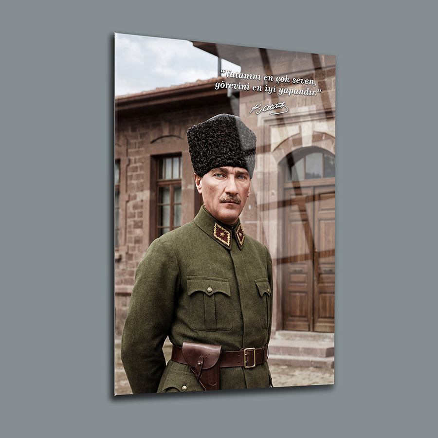 Atatürk Askeri Üniforma Vatan Sözlü Cam Tablo | SRD Concept