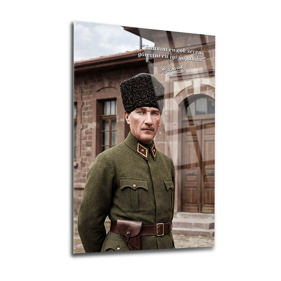 Atatürk Askeri Üniforma Vatan Sözlü Cam Tablo | SRD Concept