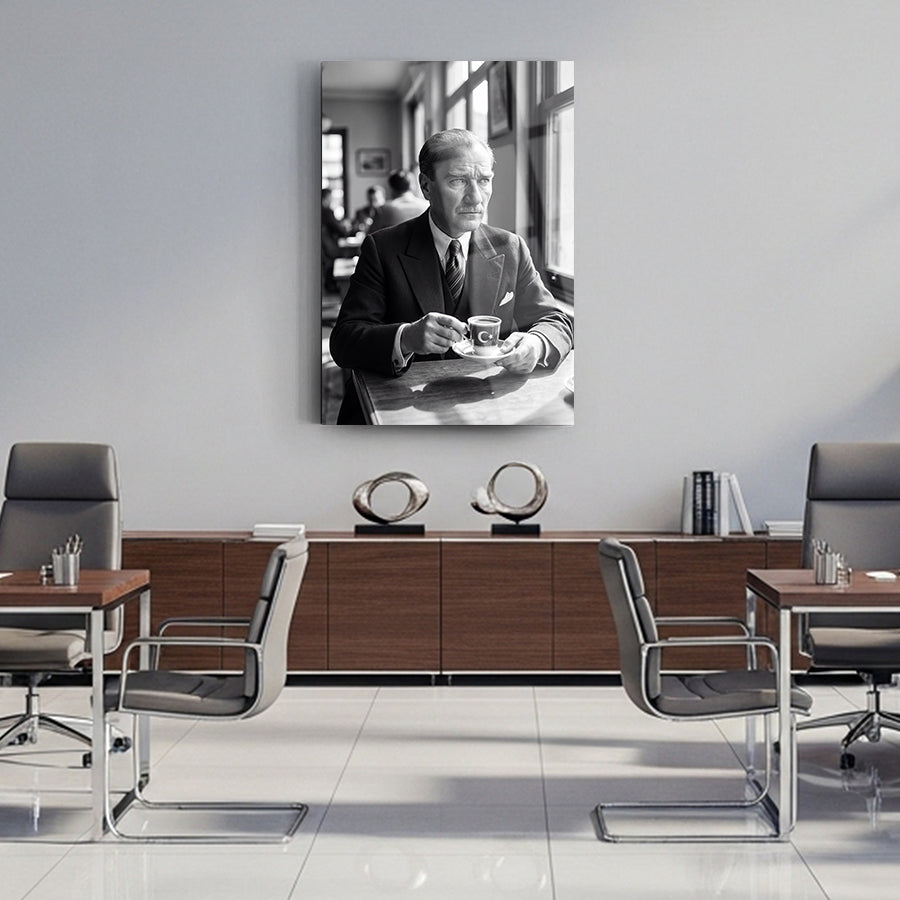 Atatürk Türk Kahvesi İçerken Siyah Beyaz Cam Tablo | SRD Concept