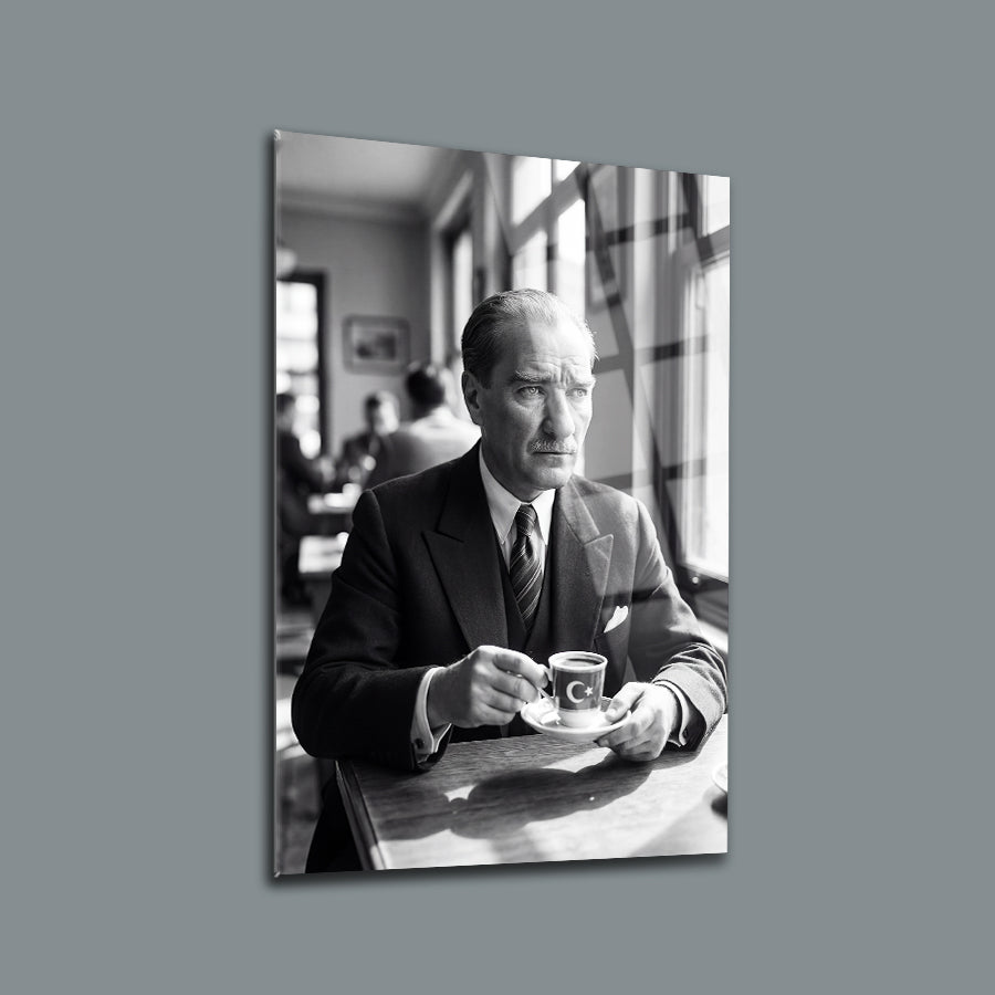 Atatürk Türk Kahvesi İçerken Siyah Beyaz Cam Tablo | SRD Concept