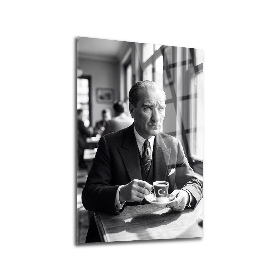 Atatürk Türk Kahvesi İçerken Siyah Beyaz Cam Tablo | SRD Concept