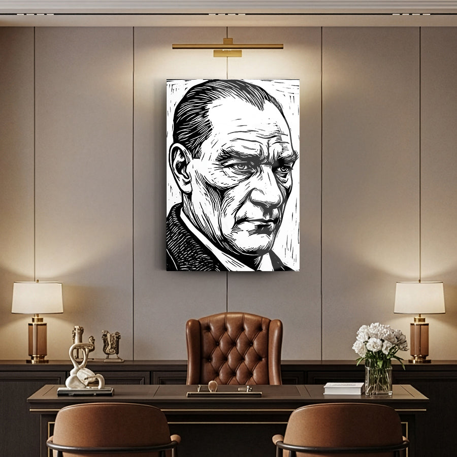 Atatürk Linol Baskı Gravür Tarzı Portre Cam Tablo | SRD Concept