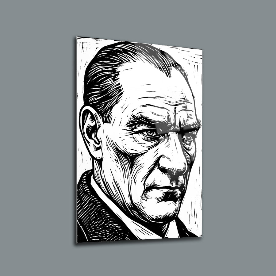 Atatürk Linol Baskı Gravür Tarzı Portre Cam Tablo | SRD Concept