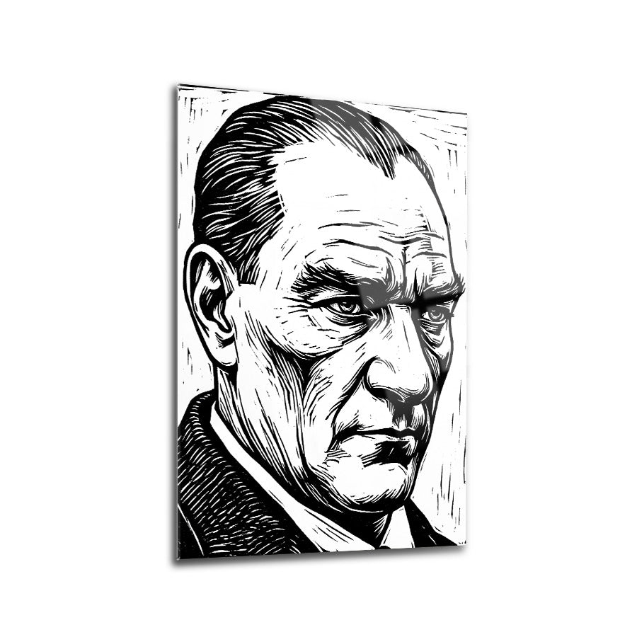 Atatürk Linol Baskı Gravür Tarzı Portre Cam Tablo | SRD Concept