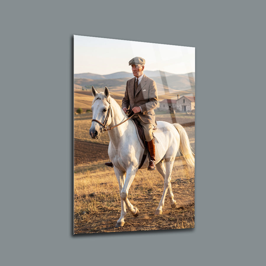 Atatürk Beyaz At Üstünde Anadolu Manzaralı Cam Tablo | SRD Concept