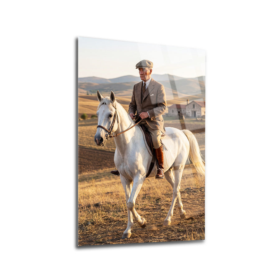 Atatürk Beyaz At Üstünde Anadolu Manzaralı Cam Tablo | SRD Concept