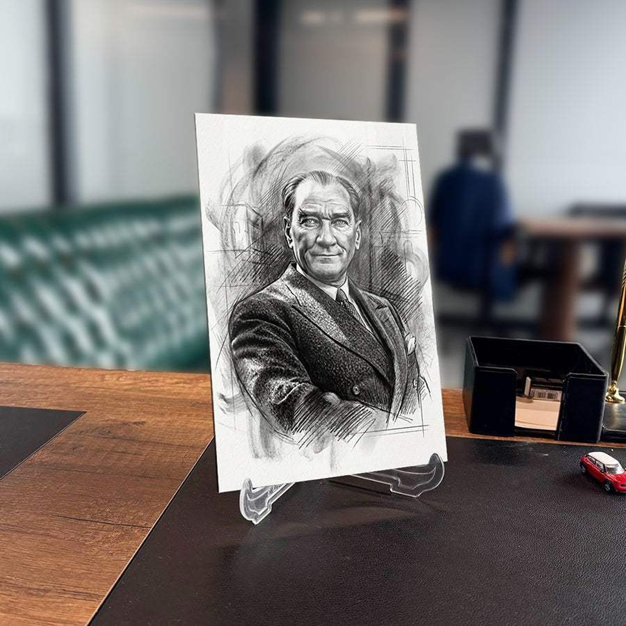 Atatürk Karakalem Eskiz Portre Cam Tablo | SRD Concept