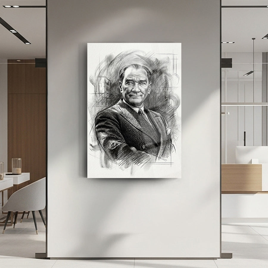 Atatürk Karakalem Eskiz Portre Cam Tablo | SRD Concept