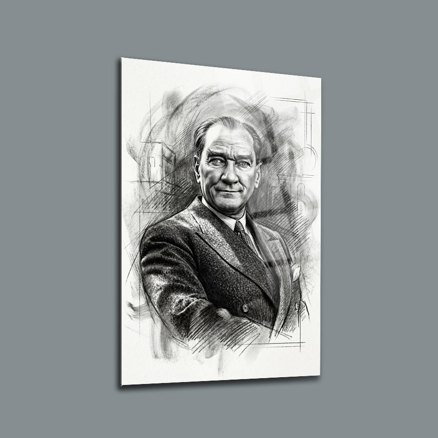 Atatürk Karakalem Eskiz Portre Cam Tablo | SRD Concept
