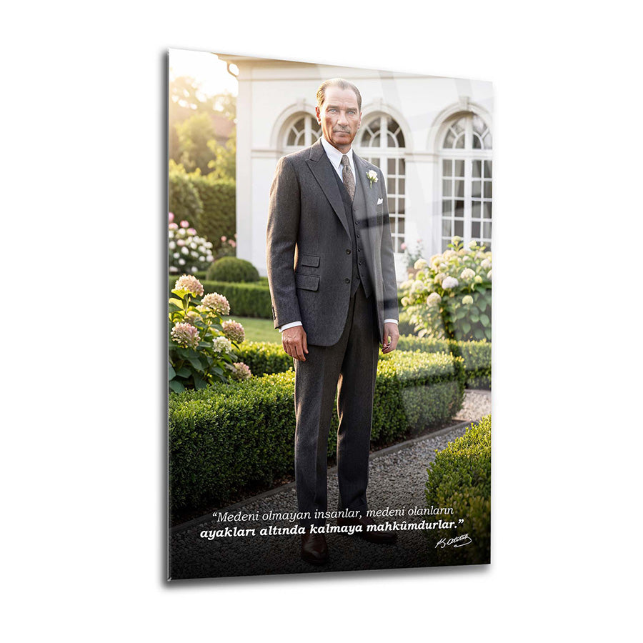 Atatürk Bahçede Medeniyet Sözlü Cam Tablo | SRD Concept