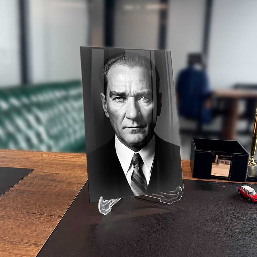 Atatürk Siyah Beyaz Yakın Çekim Portre Cam Tablo | SRD Concept