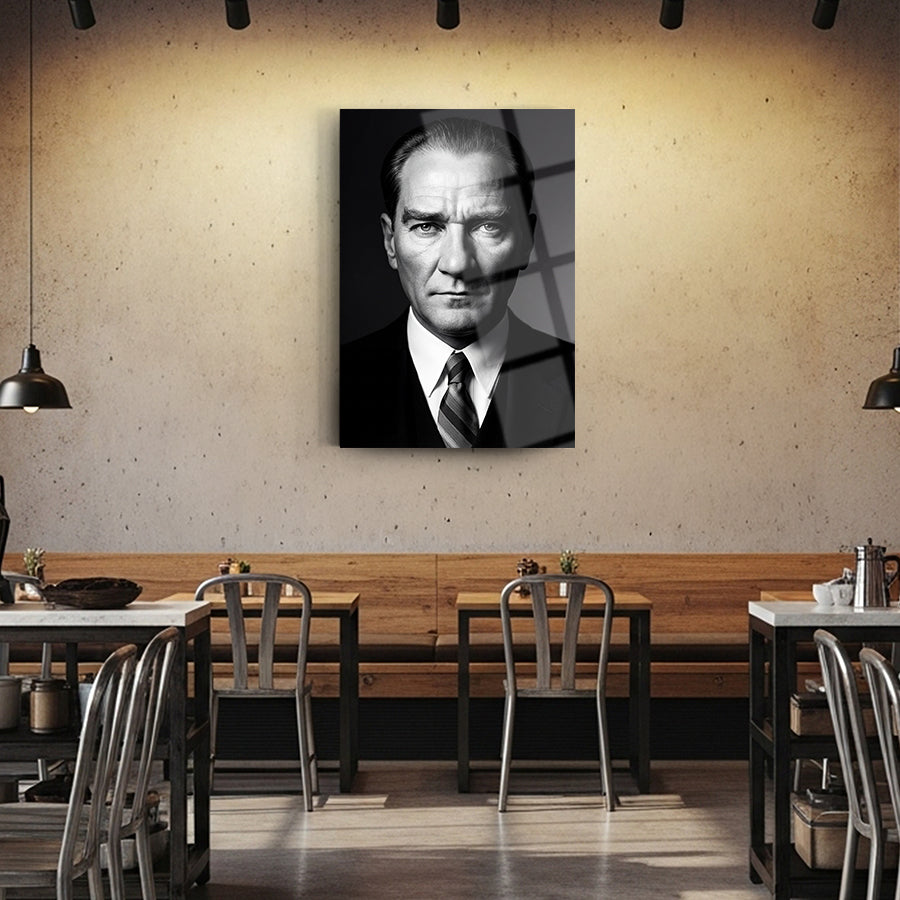 Atatürk Siyah Beyaz Yakın Çekim Portre Cam Tablo | SRD Concept