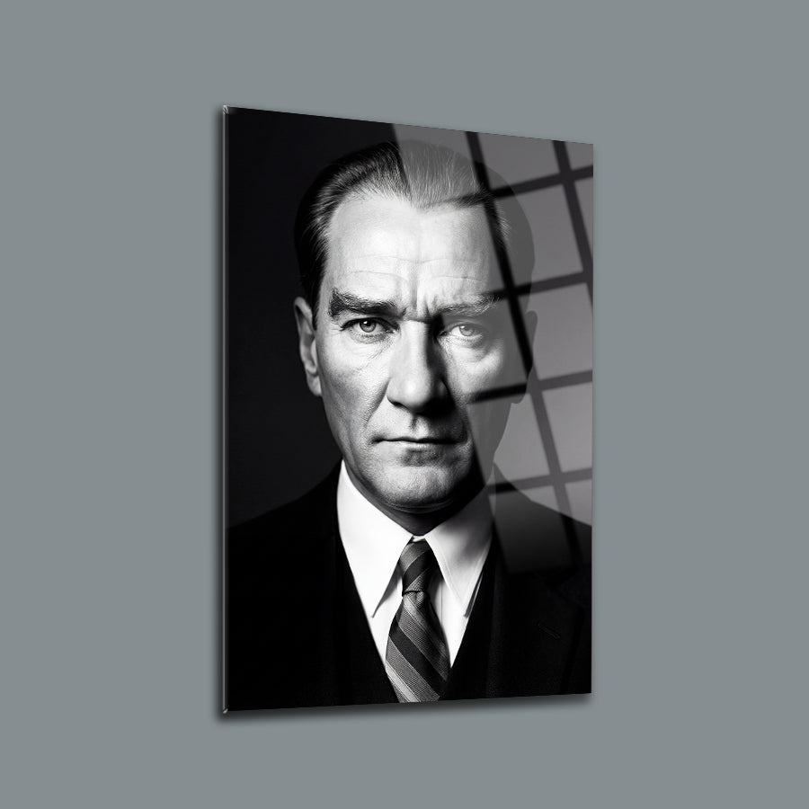 Atatürk Siyah Beyaz Yakın Çekim Portre Cam Tablo | SRD Concept