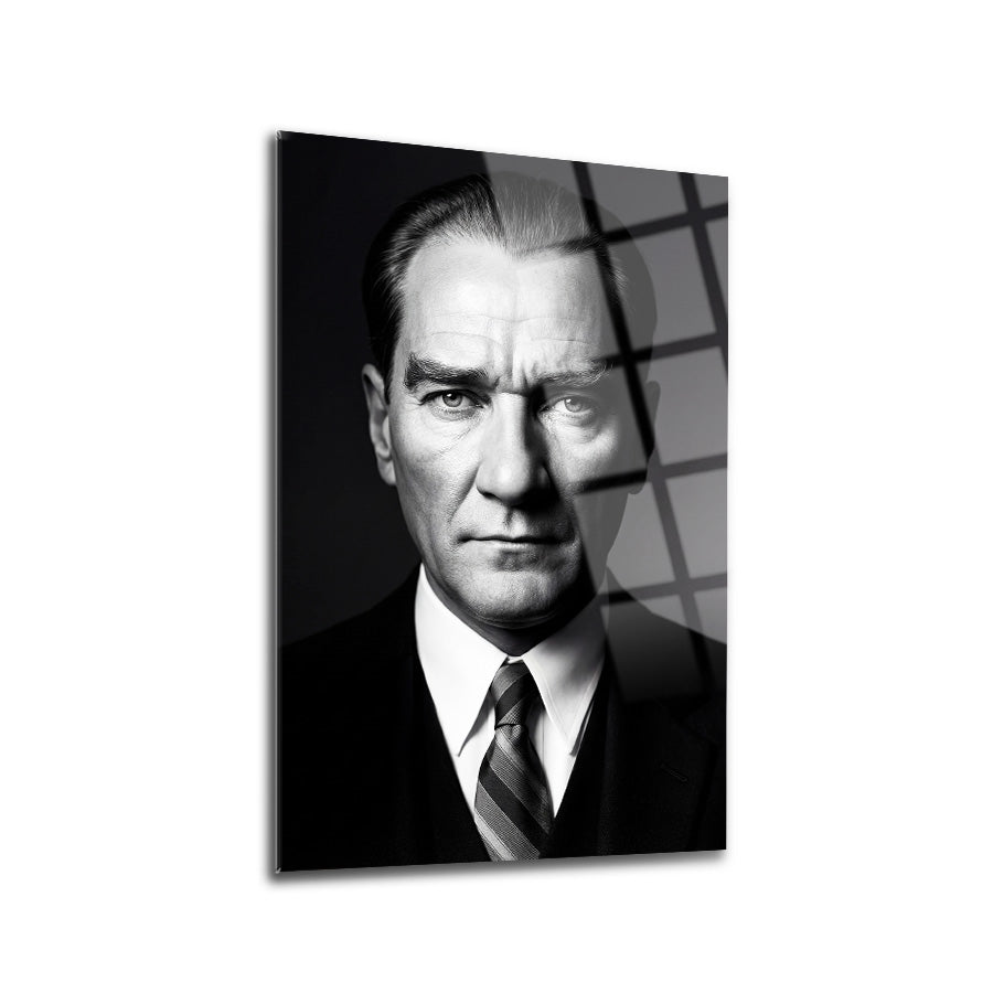 Atatürk Siyah Beyaz Yakın Çekim Portre Cam Tablo | SRD Concept