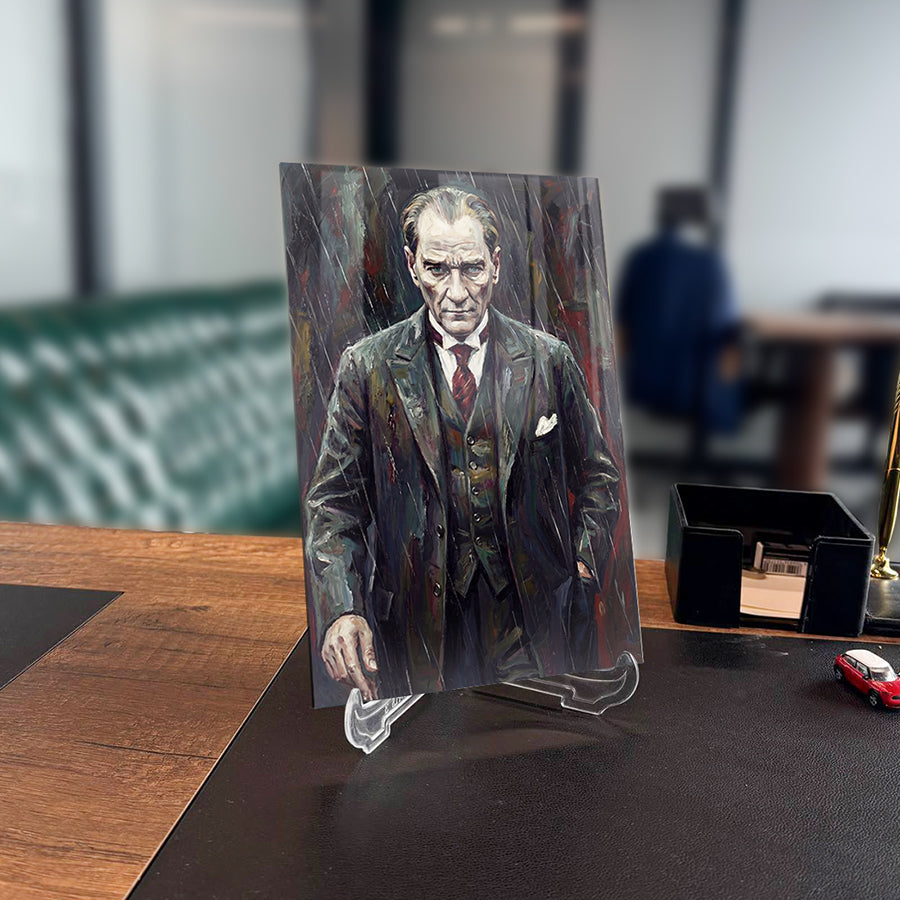 Atatürk Yağmurda Kararlı Duruş Yağlı Boya Tarzı Cam Tablo | SRD Concept