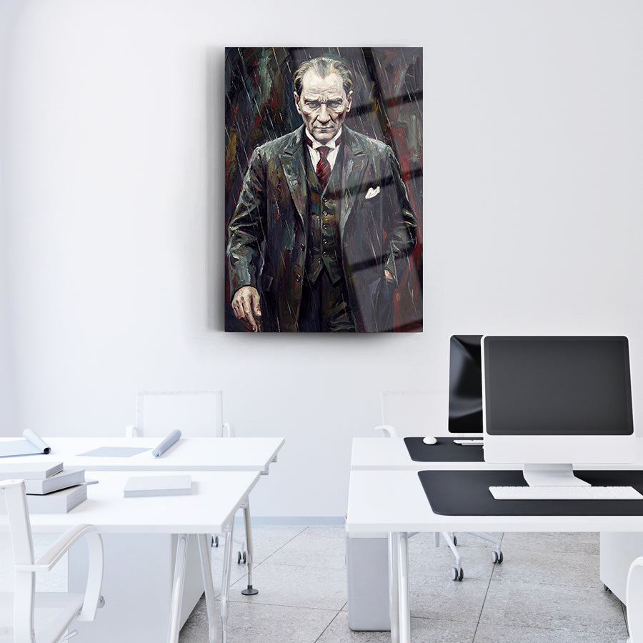 Atatürk Yağmurda Kararlı Duruş Yağlı Boya Tarzı Cam Tablo | SRD Concept