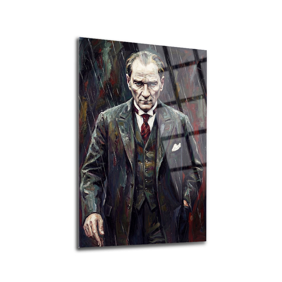 Atatürk Yağmurda Kararlı Duruş Yağlı Boya Tarzı Cam Tablo | SRD Concept