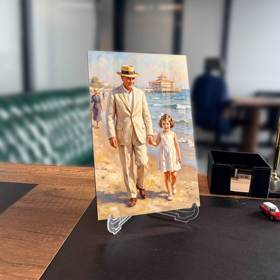 Atatürk ve Çocuk Sahilde Yürüyüş Cam Tablo | SRD Concept