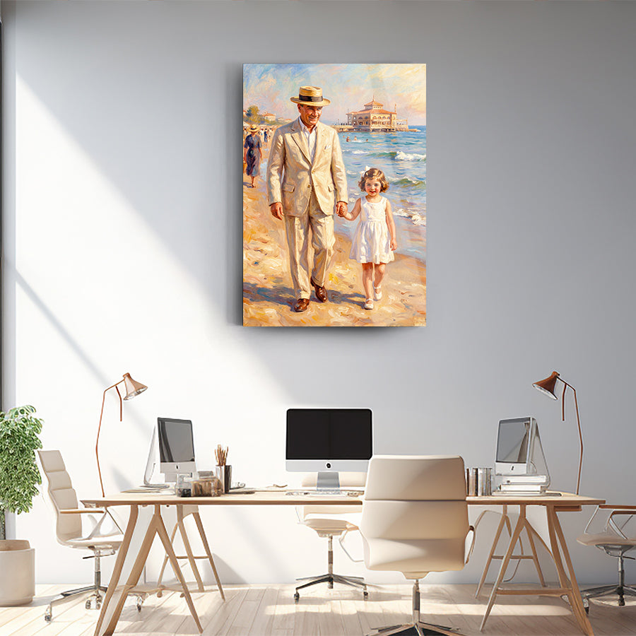 Atatürk ve Çocuk Sahilde Yürüyüş Cam Tablo | SRD Concept
