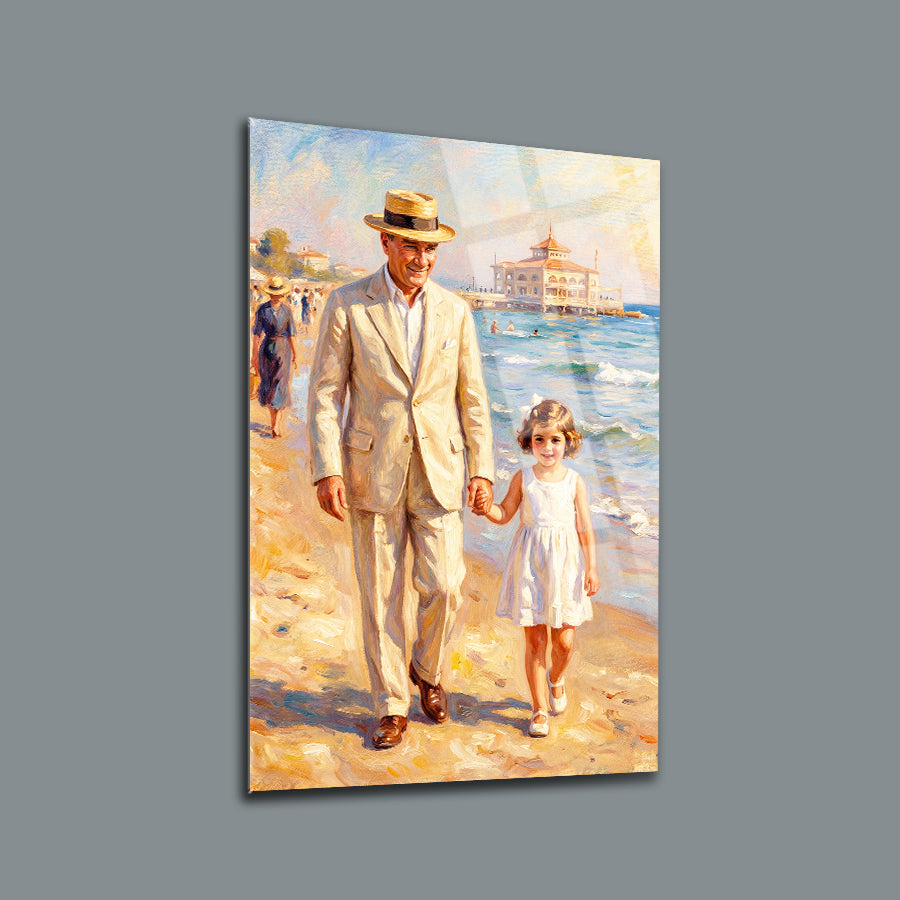 Atatürk ve Çocuk Sahilde Yürüyüş Cam Tablo | SRD Concept