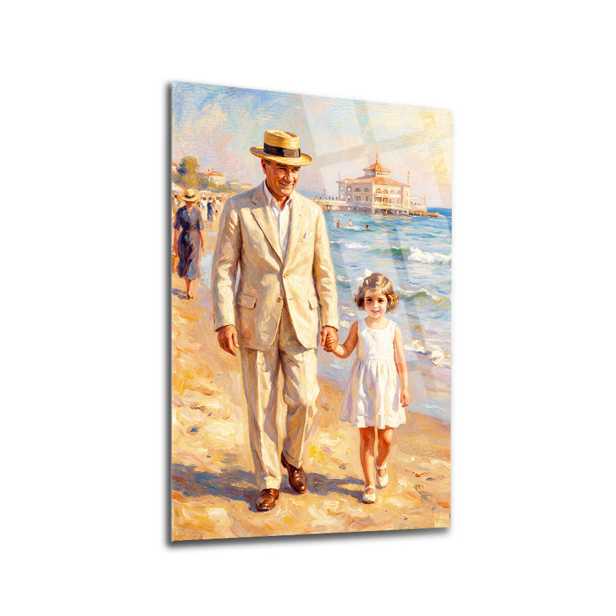 Atatürk ve Çocuk Sahilde Yürüyüş Cam Tablo | SRD Concept