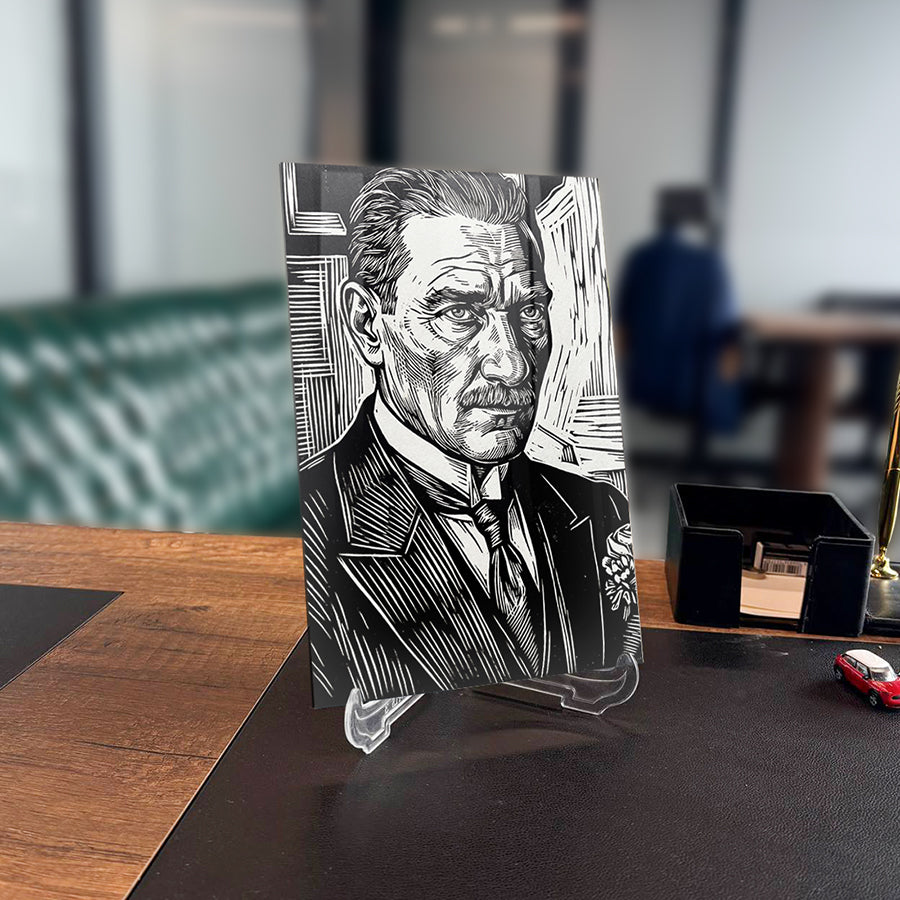 Atatürk Siyah Beyaz Gravür Portre Cam Tablo | SRD Concept