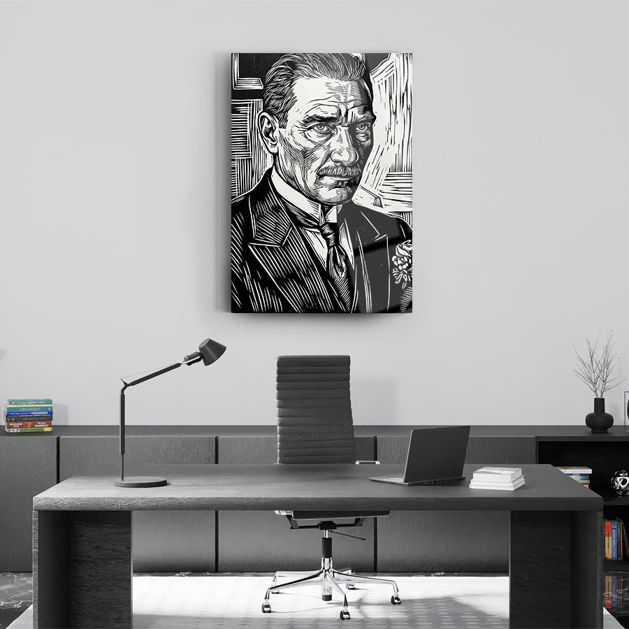Atatürk Siyah Beyaz Gravür Portre Cam Tablo | SRD Concept