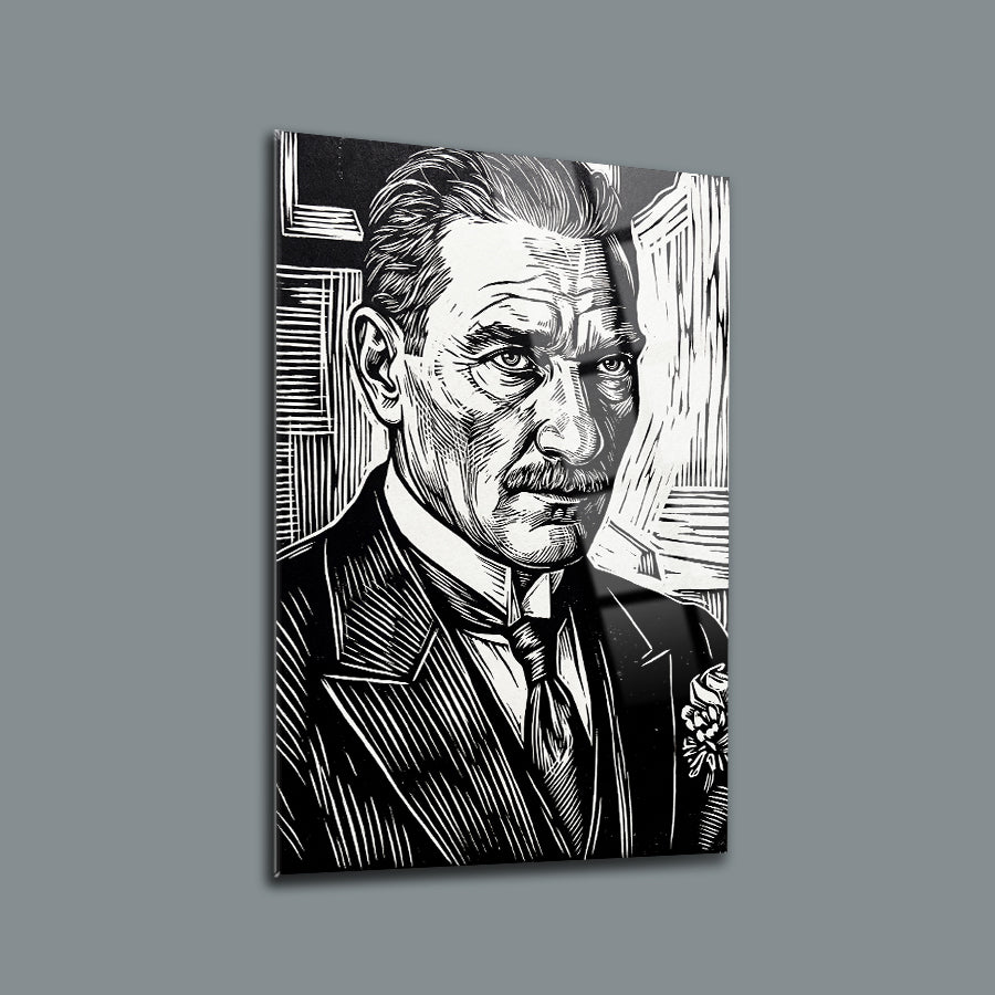 Atatürk Siyah Beyaz Gravür Portre Cam Tablo | SRD Concept