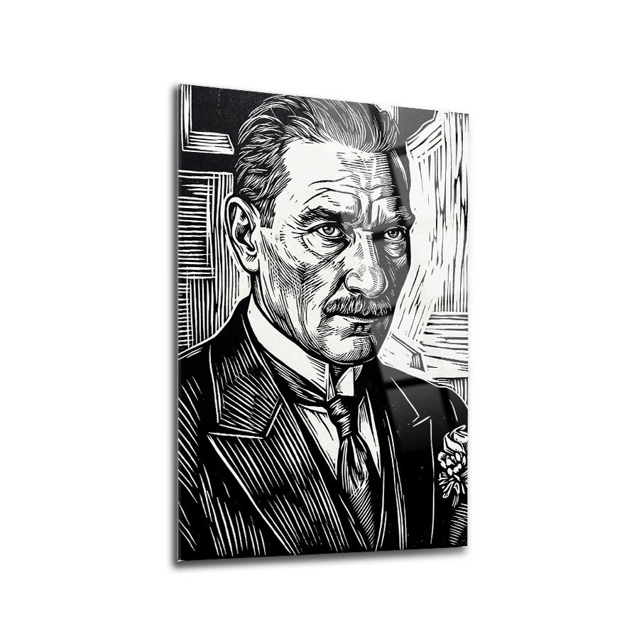 Atatürk Siyah Beyaz Gravür Portre Cam Tablo | SRD Concept