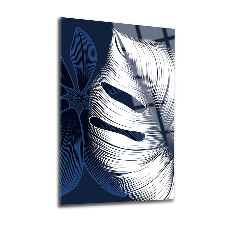 Mavi Beyaz Yapraklar 3&#39;lü Set Cam Tablo