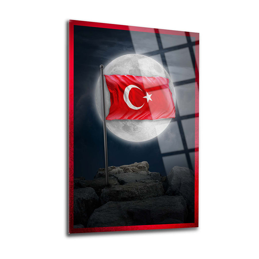 Dolunayda Türk Bayrağı Cam Tablo