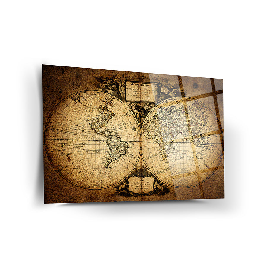 Eski Dünya Haritası 3 Cam Tablo