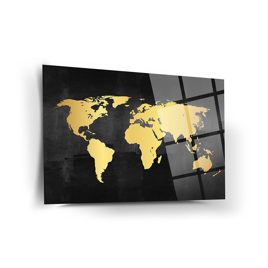 Gold Dünya Haritası Cam Tablo